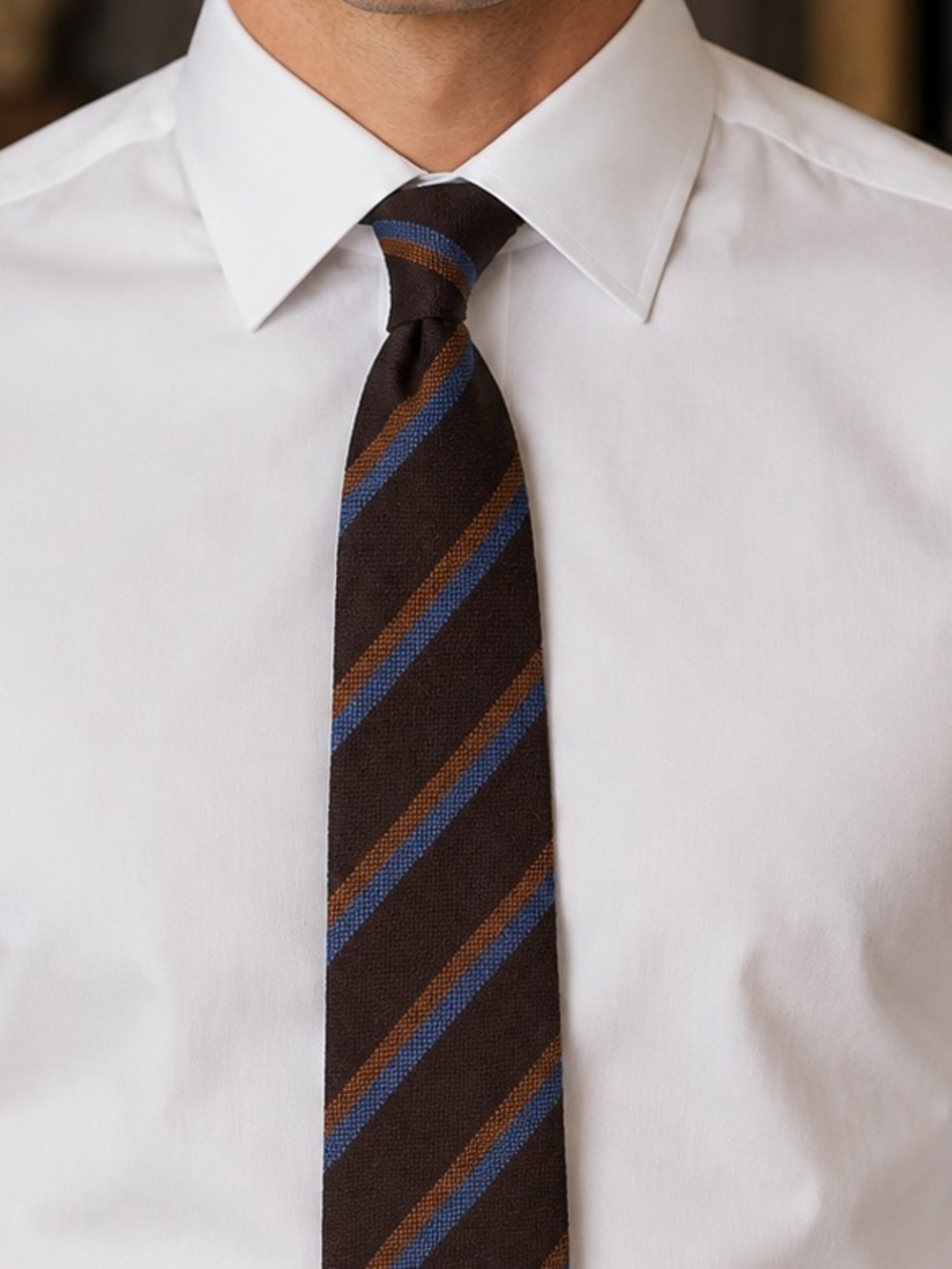 Petronius 100% Cashmere Chocolate Brown Repp Tie with Rust & Slate Blue Stripes
